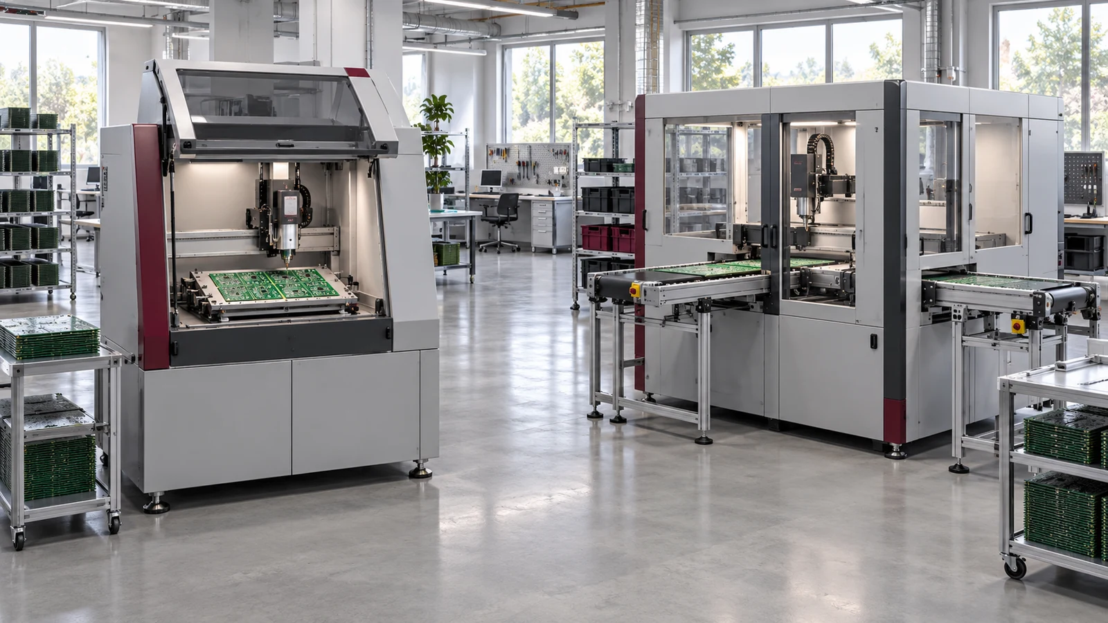 Conceptual comparison of standalone and conveyor-connected PCB depaneling workcells
