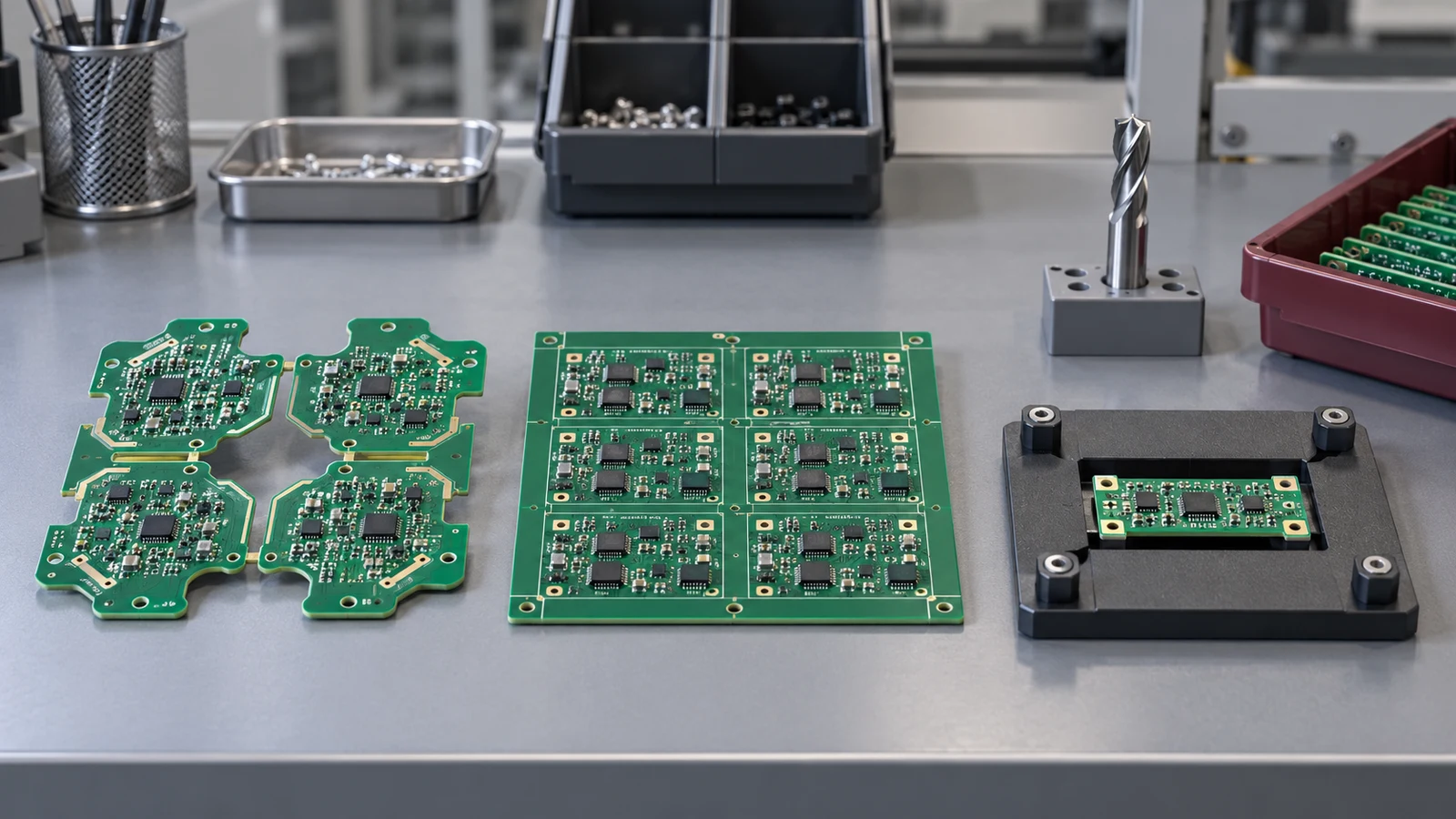 Illustrative PCB panel geometries for comparing contour routing and straight-line separation