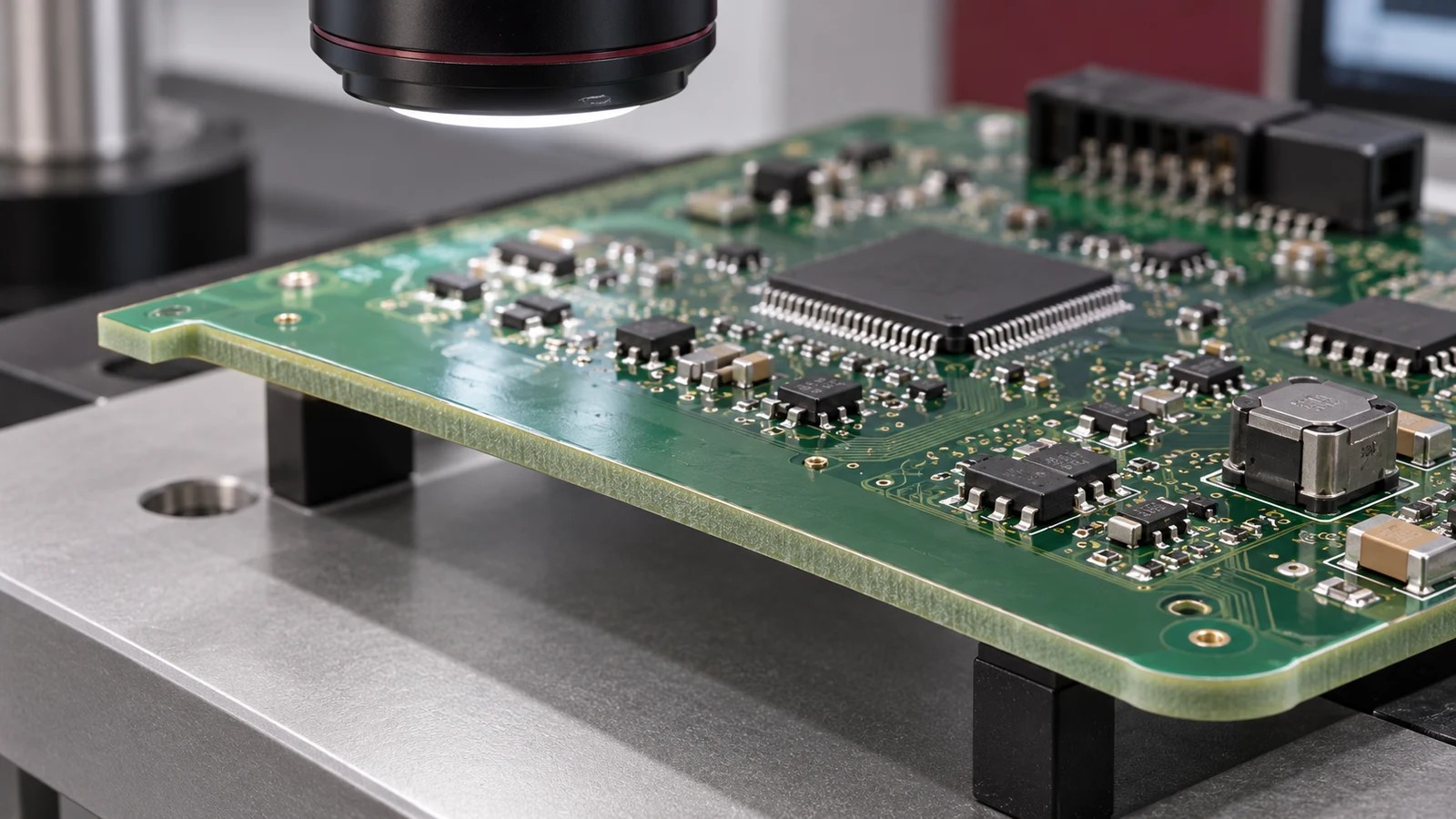 Illustrative populated automotive-style PCB edge on an inspection fixture