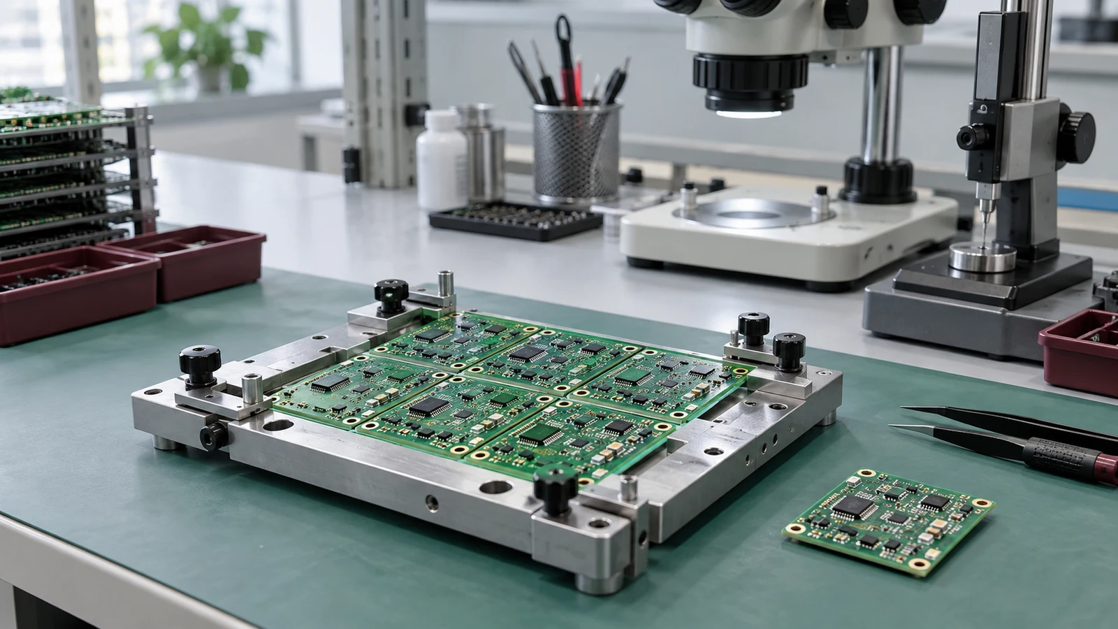 Illustration of a populated PCB panel on a sample-cutting inspection fixture