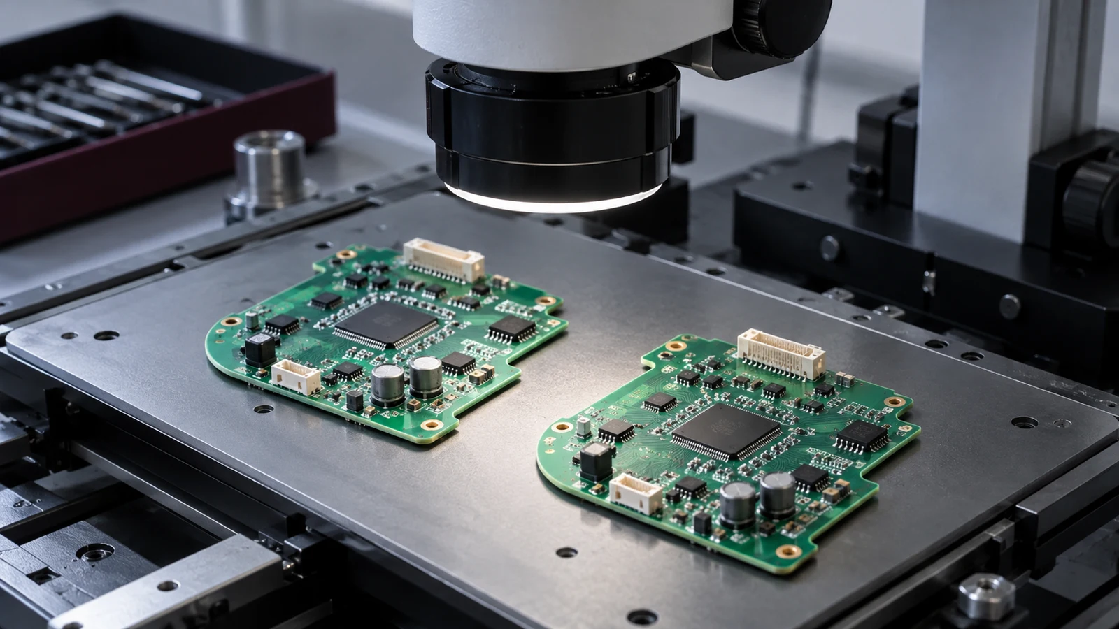 Illustrative PCB outlines on an optical inspection stage for dimensional review