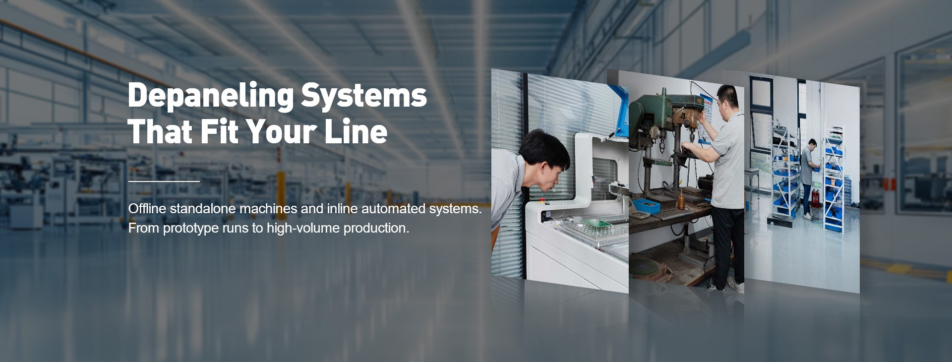JELIO offline and inline depaneling systems with manufacturing and assembly scenes